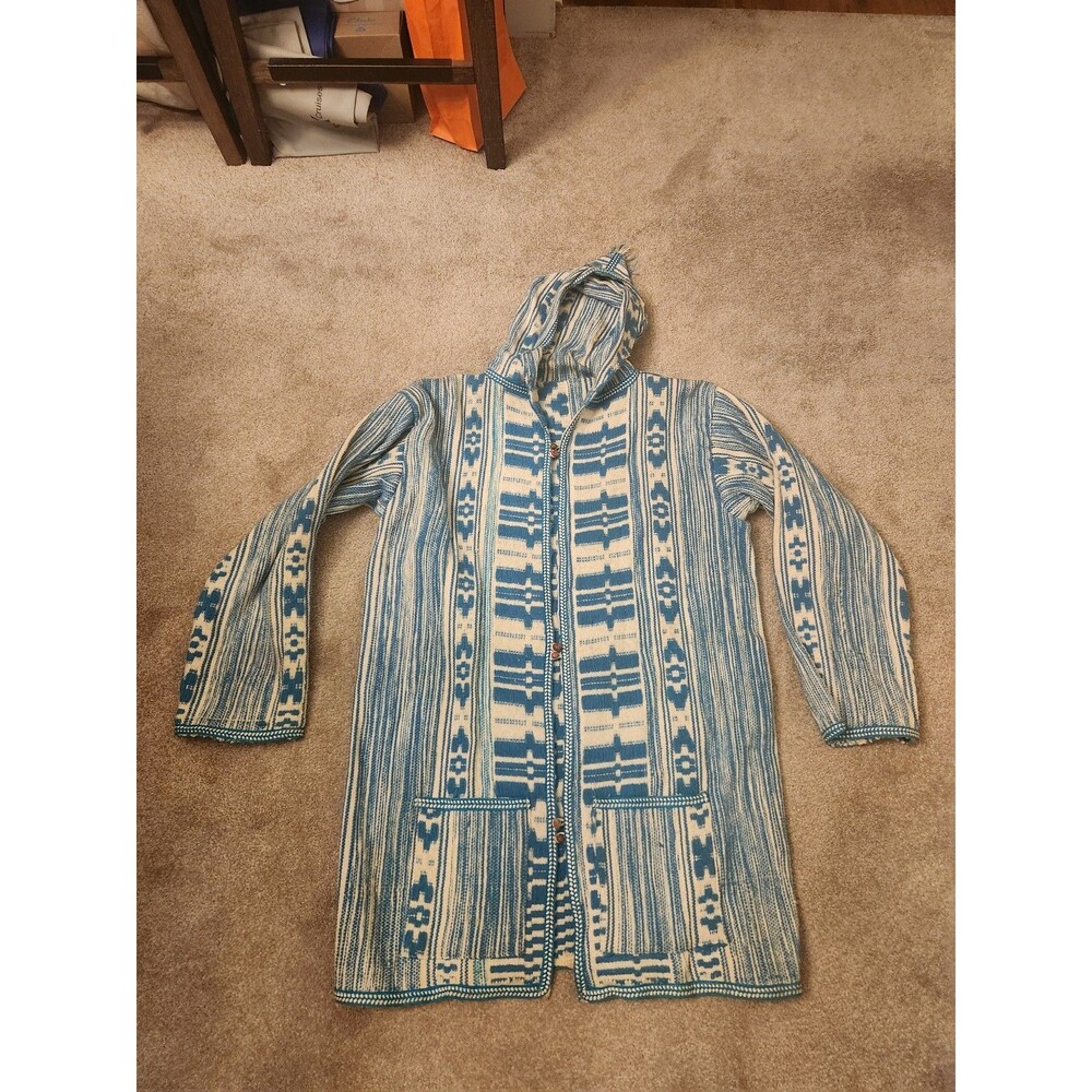 Blue & White Mexican Baja-Inspired Hoodie Jacket Women's Size L